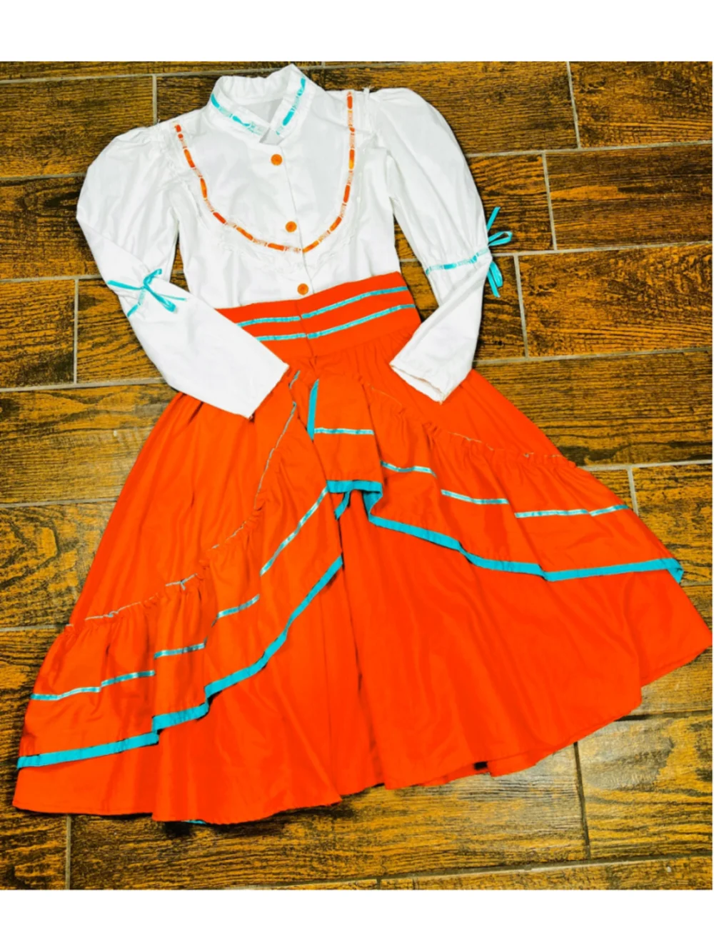 Girls Traditional Mexican Folklorico Costume Orange White Theater Dress 10-12